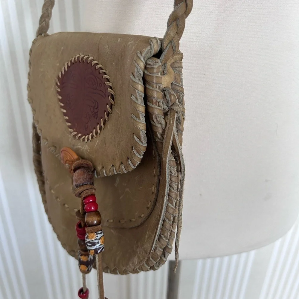 Vintage 70s Southwest Green Leather Crossbody Bag Hand Tooled Braided Handle
